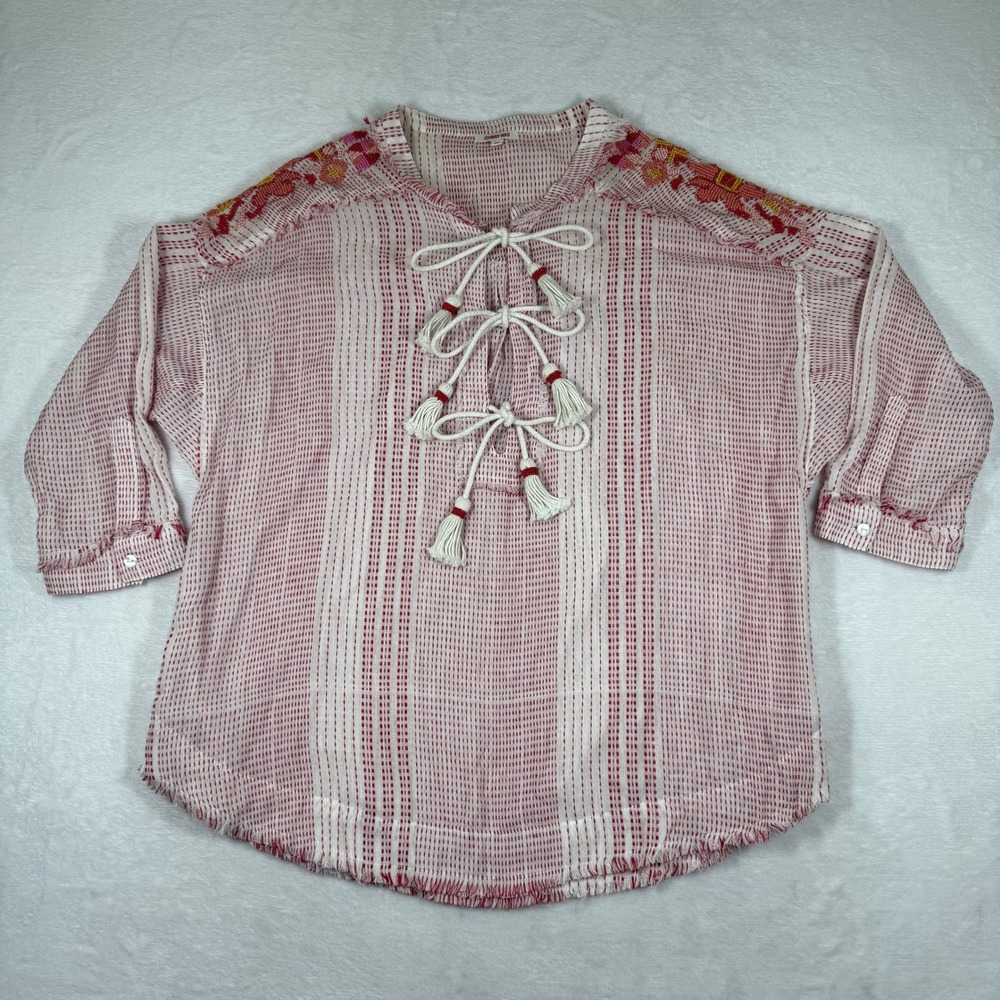 Johnny Was XS Red White Embroidered Cotton Tassel Tie Front Boho Blouse R1051AS‎